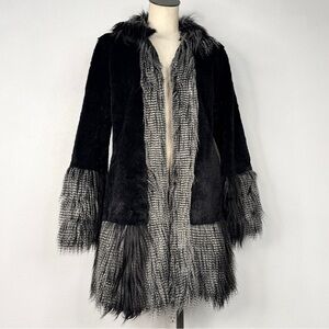 Faux Fur Long Coat Black Grey Penny Lane Shag Trim Glam Goth Size Small
